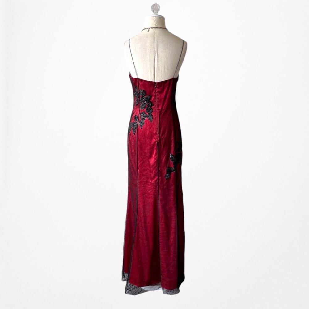 Vintage Y2K Burgundy Red Floral Beaded Embroidered Mesh Bodycon Maxi Prom Dress - Picture 7 of 11
